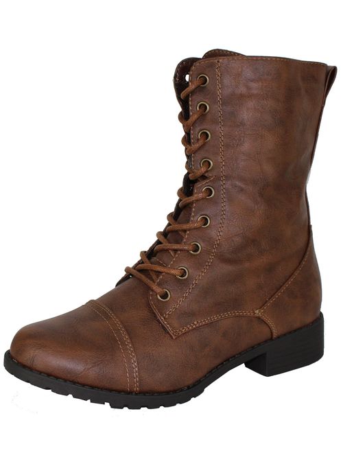 Forever Link Womens Round Toe Military Lace up Knit Ankle Cuff Low Heel Combat Boots