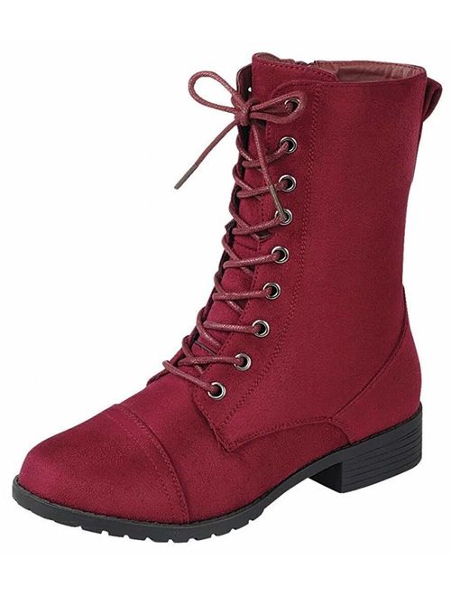 Forever Link Womens Round Toe Military Lace up Knit Ankle Cuff Low Heel Combat Boots