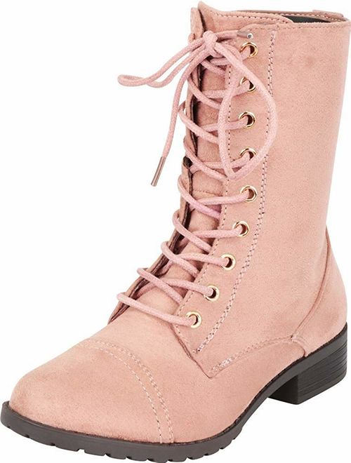 Forever Link Womens Round Toe Military Lace up Knit Ankle Cuff Low Heel Combat Boots