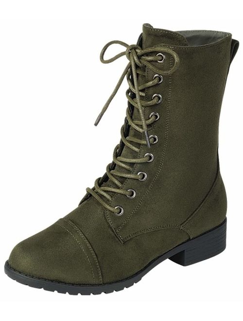 Forever Link Womens Round Toe Military Lace up Knit Ankle Cuff Low Heel Combat Boots