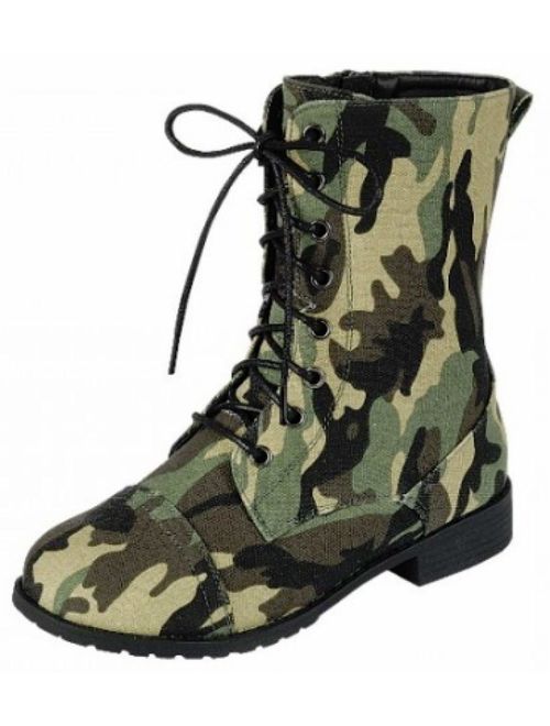 Forever Link Womens Round Toe Military Lace up Knit Ankle Cuff Low Heel Combat Boots