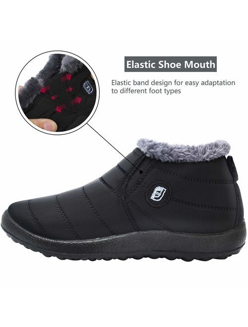 FEETCITY Mens Snow Boots Women Winter Anti-Slip Ankle Booties Waterproof Slip On Warm Fur Lined Sneaker