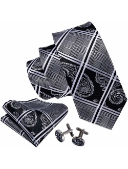 Barry.Wang Men Ties Paisley Woven Silk Necktie Set with Pocket Suqare Cufflinks Formal