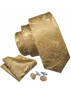 Barry.Wang Men Ties Paisley Woven Silk Necktie Set with Pocket Suqare Cufflinks Formal