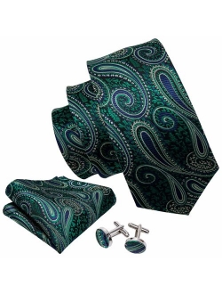 Barry.Wang Men Ties Paisley Woven Silk Necktie Set with Pocket Suqare Cufflinks Formal