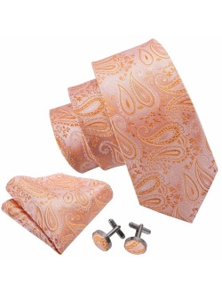 Barry.Wang Men Ties Paisley Woven Silk Necktie Set with Pocket Suqare Cufflinks Formal