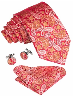 Barry.Wang Men Ties Paisley Woven Silk Necktie Set with Pocket Suqare Cufflinks Formal