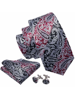 Barry.Wang Men Ties Paisley Woven Silk Necktie Set with Pocket Suqare Cufflinks Formal