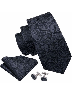 Barry.Wang Men Ties Paisley Woven Silk Necktie Set with Pocket Suqare Cufflinks Formal