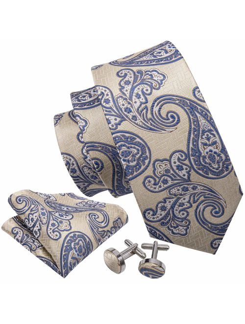 Barry.Wang Men Ties Paisley Woven Silk Necktie Set with Pocket Suqare Cufflinks Formal