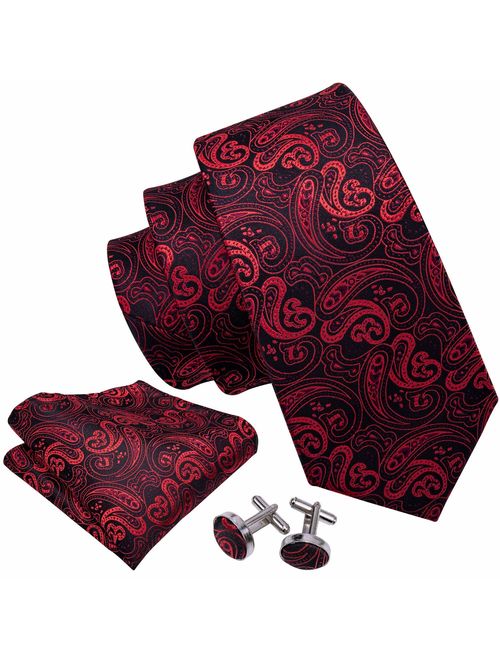 Barry.Wang Men Ties Paisley Woven Silk Necktie Set with Pocket Suqare Cufflinks Formal