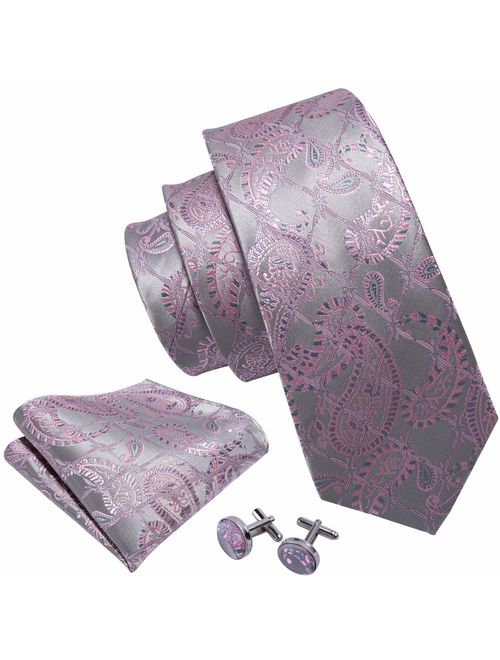 Barry.Wang Men Ties Paisley Woven Silk Necktie Set with Pocket Suqare Cufflinks Formal