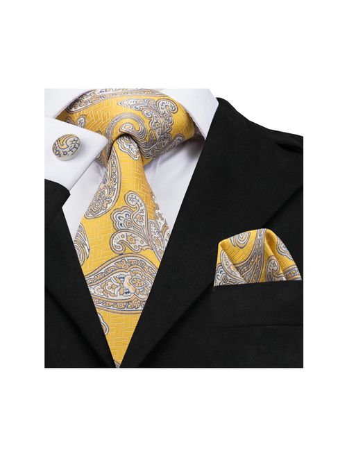 Barry.Wang Men Ties Paisley Woven Silk Necktie Set with Pocket Suqare Cufflinks Formal