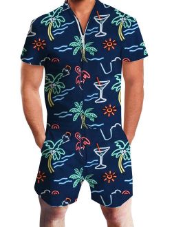 UNIFACO Mens Printed One Piece Short Sleeve Zipper Rompers Summer Short Jumpsuit Overall Pants w/Pocket