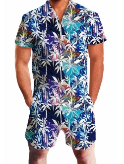 UNIFACO Mens Printed One Piece Short Sleeve Zipper Rompers Summer Short Jumpsuit Overall Pants w/Pocket