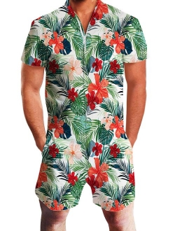 UNIFACO Mens Printed One Piece Short Sleeve Zipper Rompers Summer Short Jumpsuit Overall Pants w/Pocket