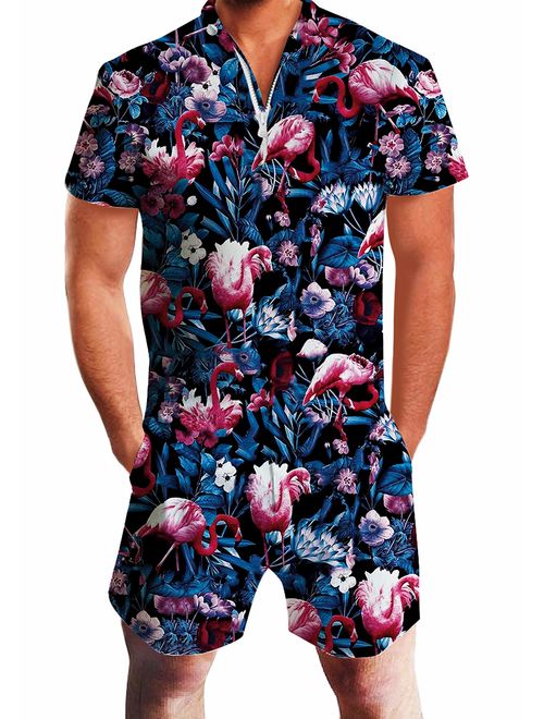 UNIFACO Mens Printed One Piece Short Sleeve Zipper Rompers Summer Short Jumpsuit Overall Pants w/Pocket