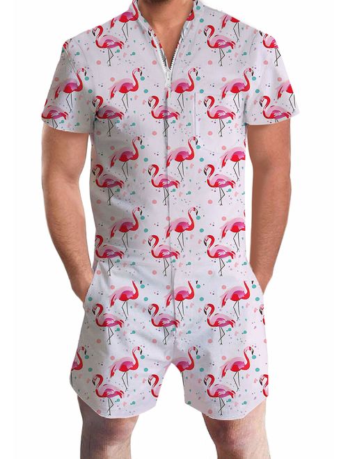 UNIFACO Mens Printed One Piece Short Sleeve Zipper Rompers Summer Short Jumpsuit Overall Pants w/Pocket