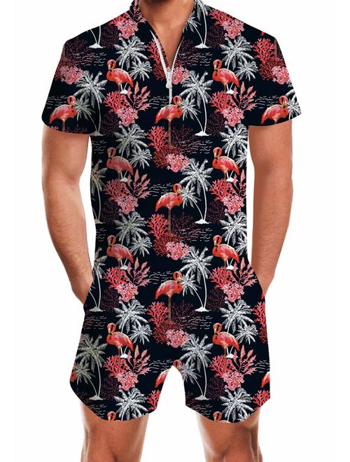 UNIFACO Mens Printed One Piece Short Sleeve Zipper Rompers Summer Short Jumpsuit Overall Pants w/Pocket