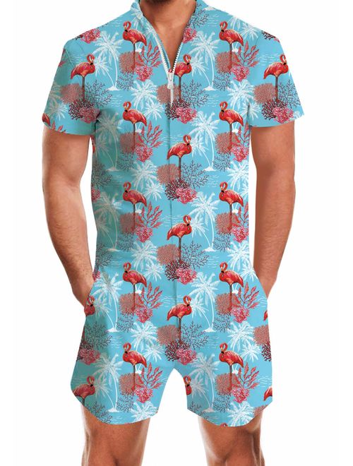 UNIFACO Mens Printed One Piece Short Sleeve Zipper Rompers Summer Short Jumpsuit Overall Pants w/Pocket