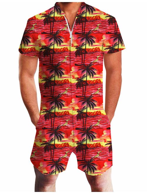 UNIFACO Mens Printed One Piece Short Sleeve Zipper Rompers Summer Short Jumpsuit Overall Pants w/Pocket