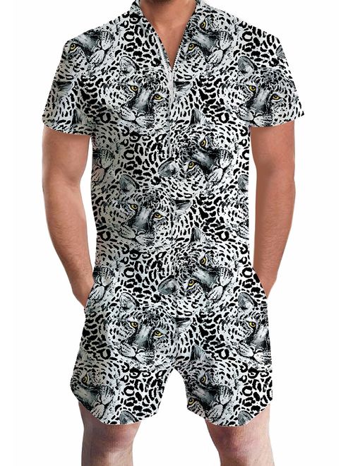 UNIFACO Mens Printed One Piece Short Sleeve Zipper Rompers Summer Short Jumpsuit Overall Pants w/Pocket