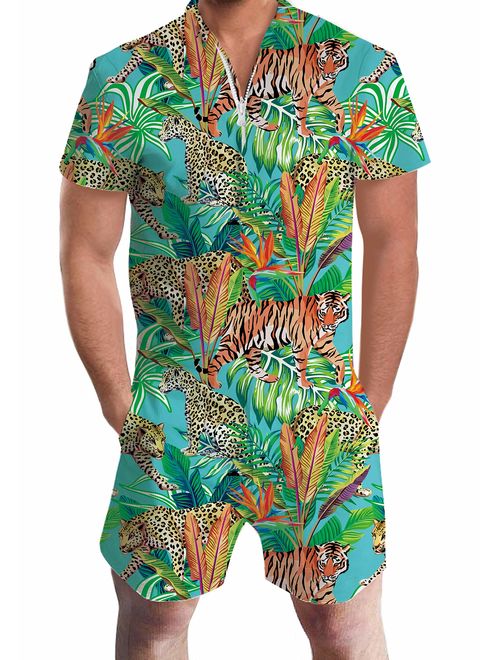 UNIFACO Mens Printed One Piece Short Sleeve Zipper Rompers Summer Short Jumpsuit Overall Pants w/Pocket