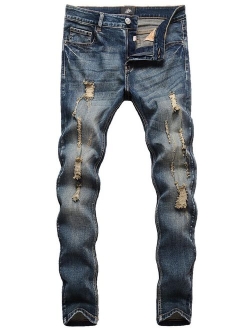 Men's Ripped Skinny Distressed Destroyed Slim Fit Stretch Biker Jeans Pants with Holes