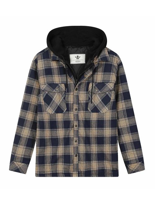 WenVen Men's Thicken Plaid Flannel Quilted Shirts Jacket with Removable Hood