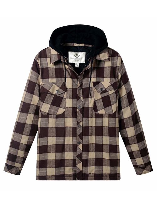 WenVen Men's Thicken Plaid Flannel Quilted Shirts Jacket with Removable Hood