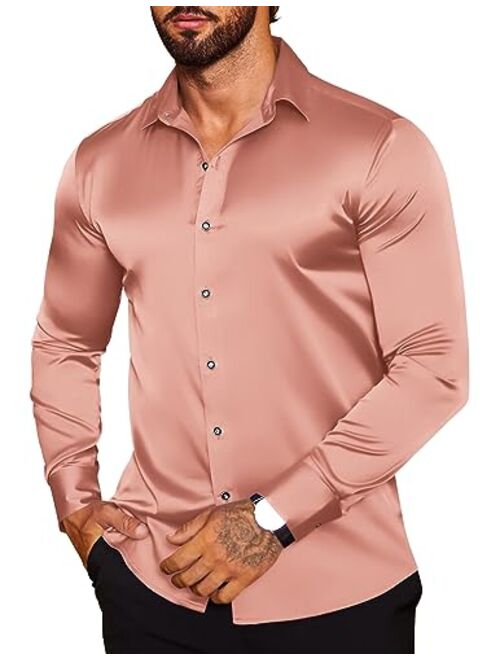 COOFANDY Mens Floral Rose Printed Long Sleeve Dress Shirts Prom Wedding Party Button Down Silk Shirts