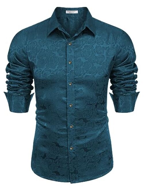 COOFANDY Mens Floral Rose Printed Long Sleeve Dress Shirts Prom Wedding Party Button Down Silk Shirts