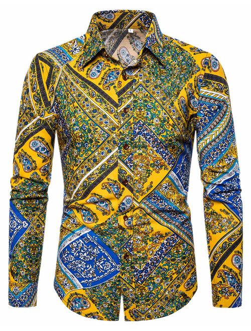 Emaor Men's Stylish Floral Long Sleeve Shirt & Short Sleeve Shirt