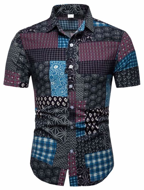 Emaor Men's Stylish Floral Long Sleeve Shirt & Short Sleeve Shirt