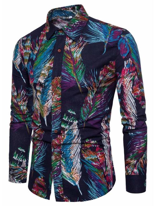 Emaor Men's Stylish Floral Long Sleeve Shirt & Short Sleeve Shirt