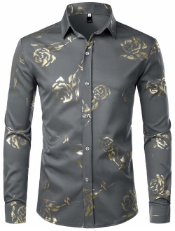 Mens Hipster Gold Rose Printed Slim Fit Long Sleeve Dress Shirts/Prom Performing Shirts