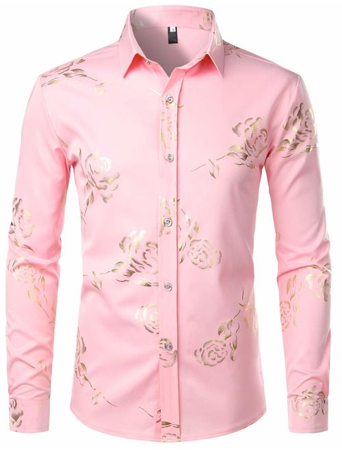 ZEROYAA Mens Hipster Gold Rose Printed Slim Fit Long Sleeve Dress Shirts/Prom Performing Shirts