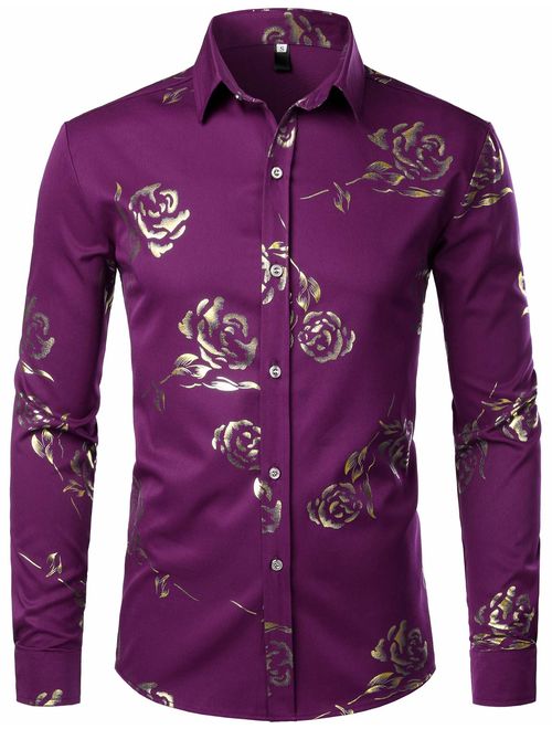 ZEROYAA Mens Hipster Gold Rose Printed Slim Fit Long Sleeve Dress Shirts/Prom Performing Shirts