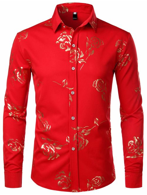 Buy Zeroyaa Mens Hipster Gold Rose Printed Slim Fit Long Sleeve Dress