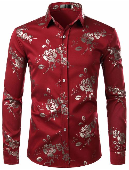 ZEROYAA Mens Hipster Gold Rose Printed Slim Fit Long Sleeve Dress Shirts/Prom Performing Shirts