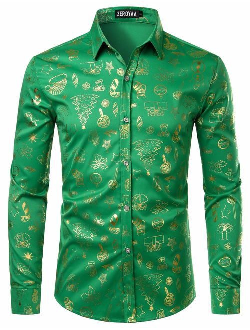 ZEROYAA Mens Hipster Gold Rose Printed Slim Fit Long Sleeve Dress Shirts/Prom Performing Shirts