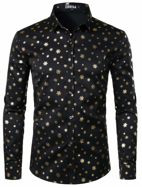 ZEROYAA Mens Hipster Gold Rose Printed Slim Fit Long Sleeve Dress Shirts/Prom Performing Shirts