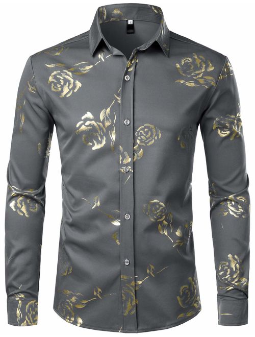 ZEROYAA Mens Hipster Gold Rose Printed Slim Fit Long Sleeve Dress Shirts/Prom Performing Shirts