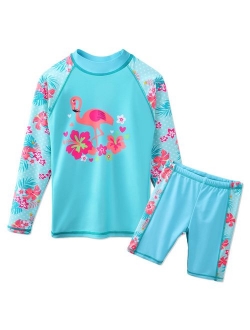 TFJH E Girls Swimsuit UPF 50+ UV Two Piece Long Sleeve Swimwear Rash Guard Sets 3-12Y