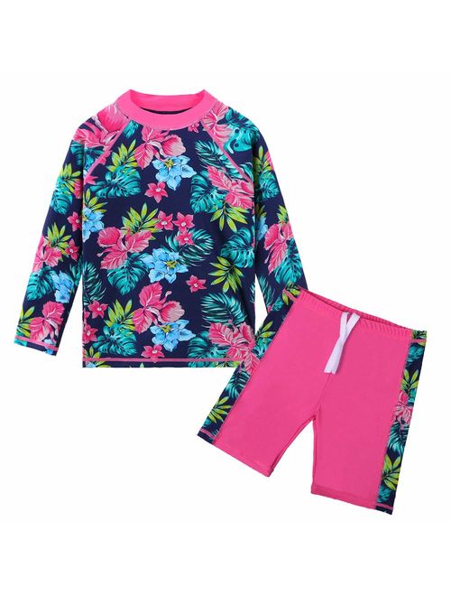 TFJH E Girls Swimsuit UPF 50+ UV Two Piece Long Sleeve Swimwear Rash Guard Sets 3-12Y