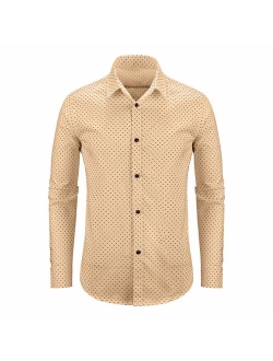 WULFUL Men's Casual Long Sleeve Dress Shirt Print Cotton Business Button Down Shirts Regular Fit