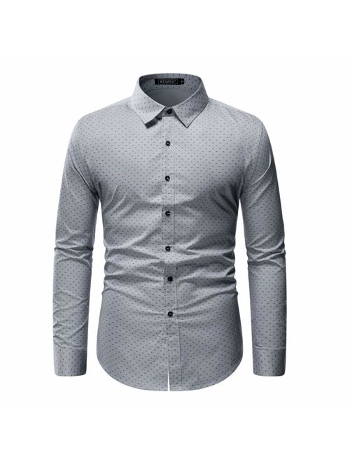 WULFUL Men's Casual Long Sleeve Dress Shirt Print Cotton Business Button Down Shirts Regular Fit