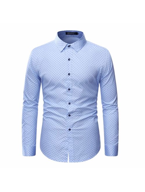 WULFUL Men's Casual Long Sleeve Dress Shirt Print Cotton Business Button Down Shirts Regular Fit