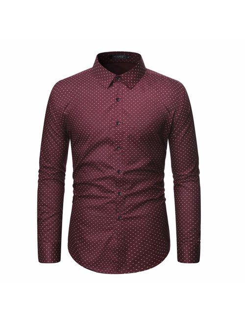 WULFUL Men's Casual Long Sleeve Dress Shirt Print Cotton Business Button Down Shirts Regular Fit