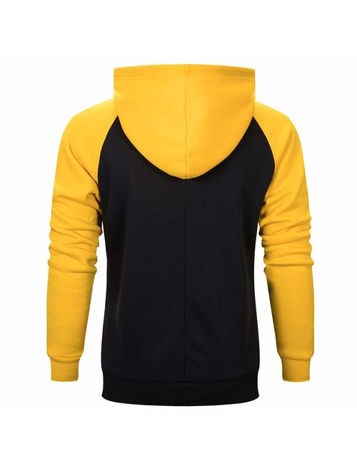 DUOFIER Men's Contrast Raglan Long-Sleeve Pullover Blend Fleece Hoodie with Kanga Pocket